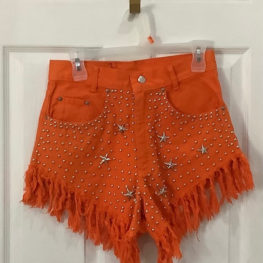 Kaboom Jeans, orange fringed denim shorts, size 9/10